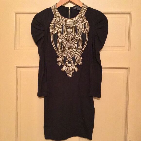 Armani Exchange Y2K Gold Chain-Link Embellished Black Dress Puff Sleeves - Picture 2 of 6